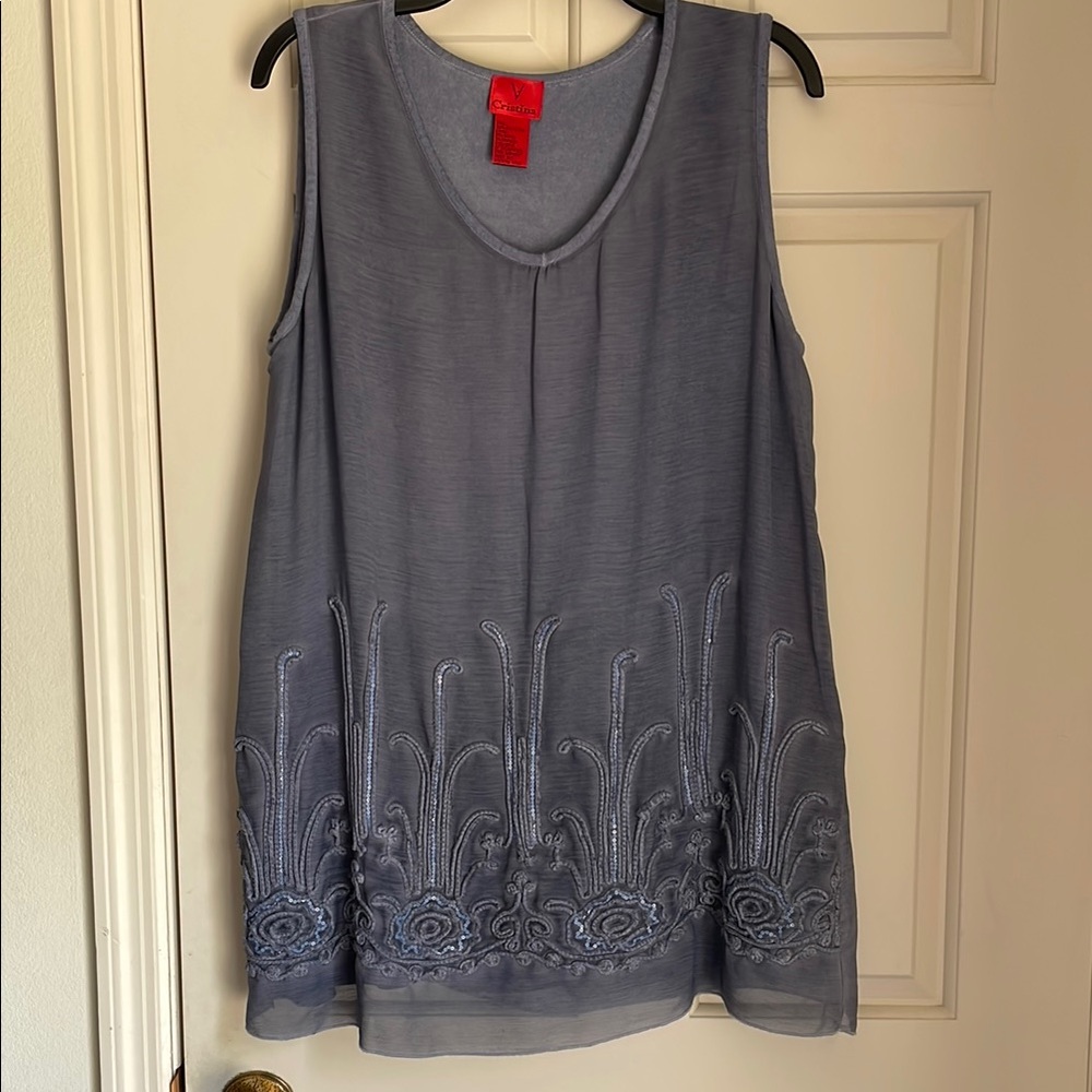 Gorgeous V Cristina Bluish Gray Embroidered Sleeveless Top, size L.